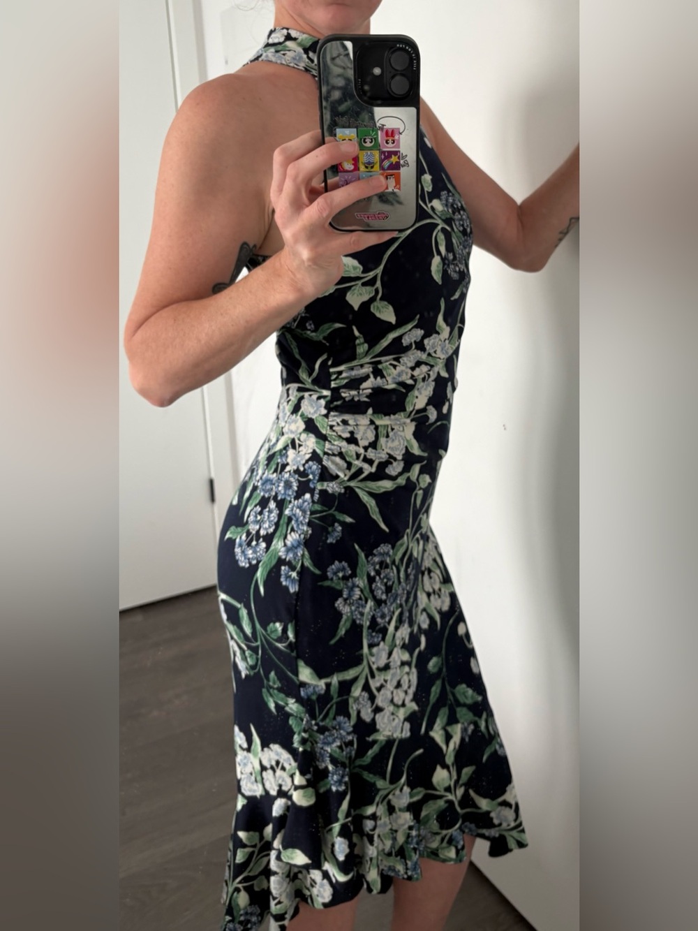 le chateau Vintage 2000s Navy Floral One-Shoulder Dress